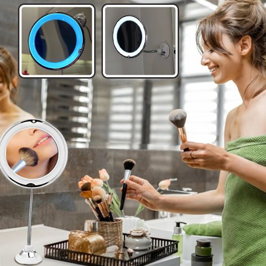 Femme range ses pinceaux devant miroir grossissant