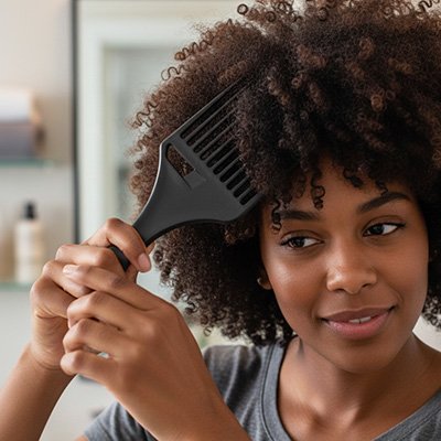 Femme se coiffe avec peigne afro