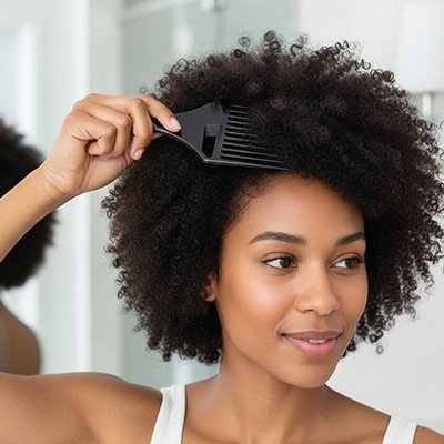 Femme se coiffe avec peigne afro