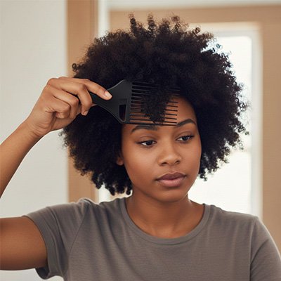 Femme se coiffe la frange avec peigne afro 