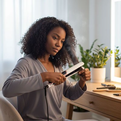 Femme se défrise les cheveux avec Lisseur blanc