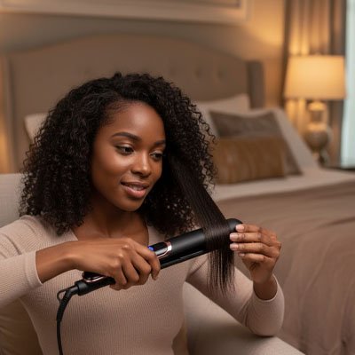 Femme se défrise les cheveux avec Lisseur noir