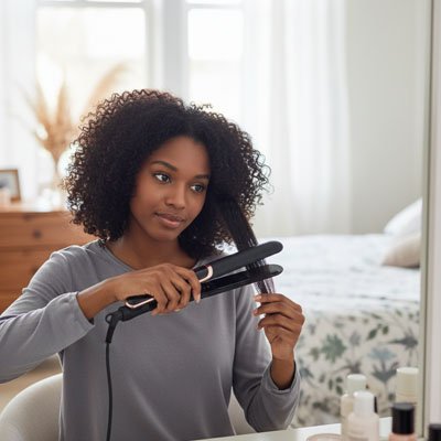 Femme se lisse les cheveux avec Lisseur noir 