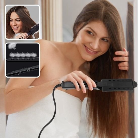 Femme se lisse les cheveux avec Lisseur vapeur