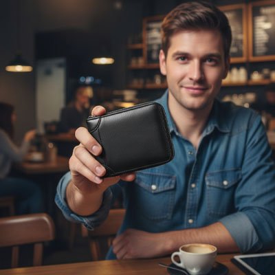 Homme montre un portefeuille noir 