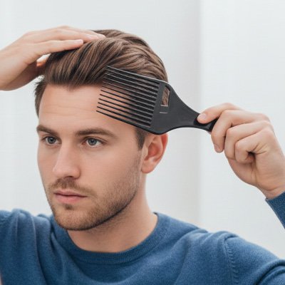 Homme se coiffe les cheveux avec peigne afro 