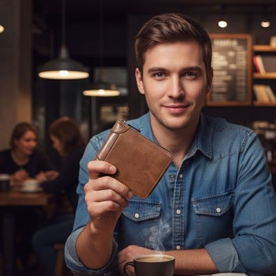 Homme tient un portefeuille marron