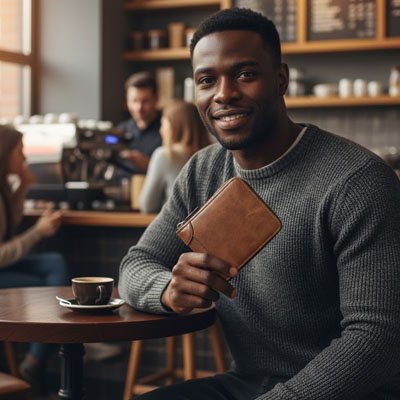 Homme tient un portefeuille marron
