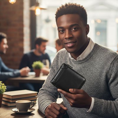 Homme tient un portefeuille noir