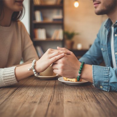 Un couple amoureux se tient la main aux poignets des bracelets couple vert et blanc