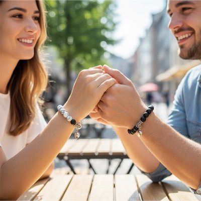 Un couple se tient la main aux poignets des bracelets couple noir et blanc